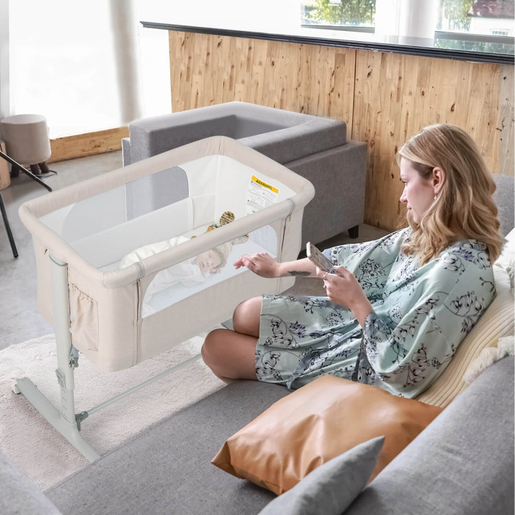 Portable Baby Bedside Bassinet with 5-level Adjustable Heights and Travel Bag-BeigeCostway Gallery View 6 of 10